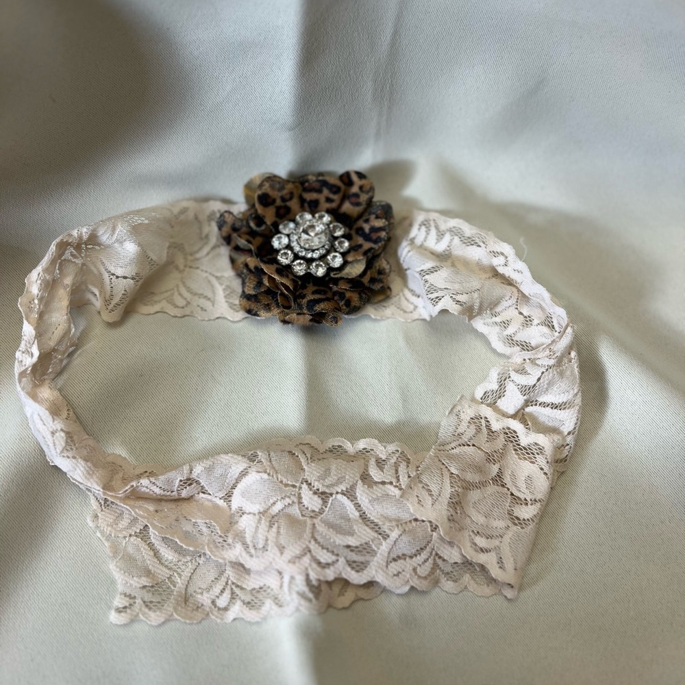 Leopard Print Lace Headband with Rhinestone Accent